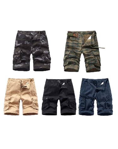 Assorted men's cotton cargo shorts in camo, plaid, khaki, black, and navy blue styles.