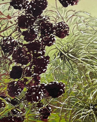 Linocut: Backwards through a hedge - Spring edition - detail