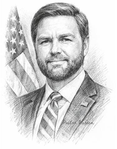 Pencil sketch portrait of JD Vance in a suit and tie with the American flag in the background.