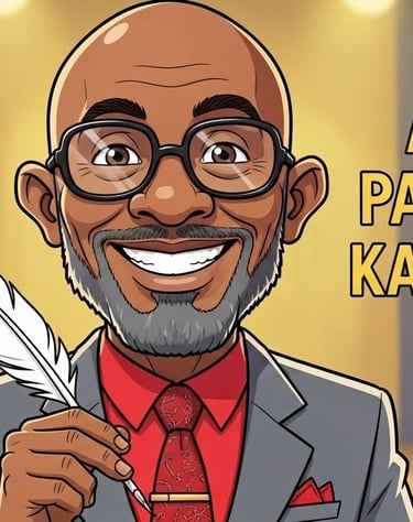 Cartoon of a smiling Black pastor holding a quill pen with Ask Pastor Kareem text on a stage background.