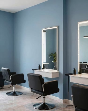 Minimalist interior of an event salon in Palmira Valle, showcasing a professional portrait area, sky blue and slate blue decorative elements.