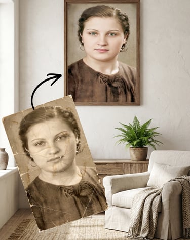 A vintage photo restoration showing a damaged black and white portrait transformed into a framed color photo.