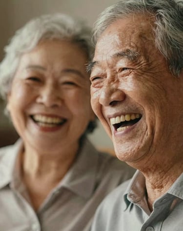 A close up of an elderly couple laughing, high detail on facial expressions, warm cinematic lighting, authentic feeling of joy and connection.