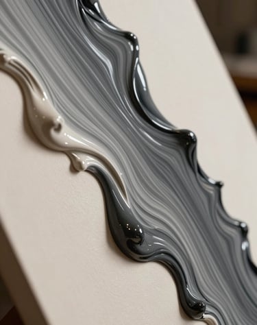 A close view of a work in progress where liquid pigment flows naturally across a tilted canvas, Soft off-white and Deep charcoal.