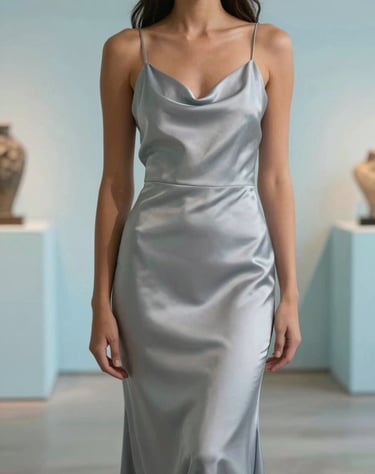 Fashion photography shot of a subject wearing a light grey silk dress, standing in a minimalist gallery space with baby blue accents. Soft, diffused lighting creates a serene and elegant atmosphere. South American setting.