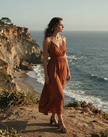 A cinematic shot of a woman in a terracotta dress standing on a North American / US cliffside overlooking the ocean. Sun-drenched atmosphere, warm brown tones.