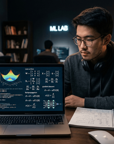 A photo-realistic image of a young male computer science student in a dimly lit, modern workspace. H