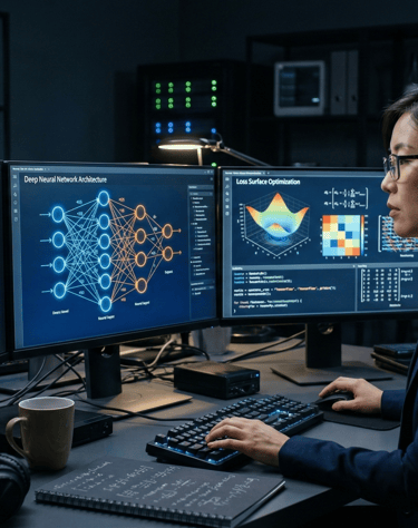 A photo-realistic, cinematic shot of a professional female data scientist in a dark tech environment