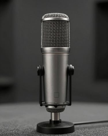 A close-up of a microphone in a recording booth, #0F0F0F shadows, soft #A8A8A8 highlights on the chrome, cinematic depth of field, minimalist.