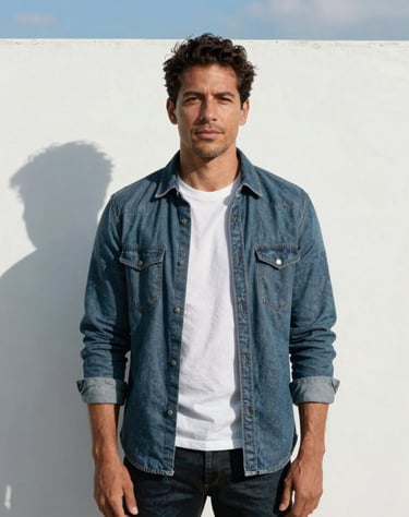 A professional portrait of an artist in North American / US casual attire standing against a clean cloud white wall with sky blue shadows.