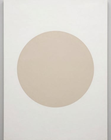 A minimalist painting of a single geometric circle in soft beige on a large off-white canvas, embodying clarity and visual impact in a North American setting.
