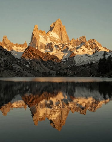 The peak of a North American / US mountain reflecting in a still alpine lake, golden hour lighting, serene atmosphere, sophisticated muted gold and sage colors.