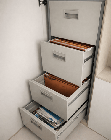 Filing cabinet containing years of personal and professional documents accumulated over 15 years