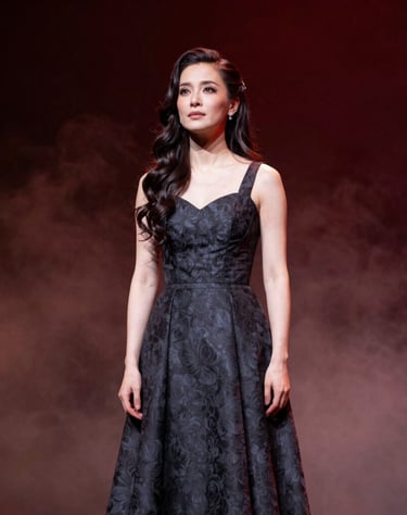 A dramatic stage photo of a mezzo-soprano in character, featuring atmospheric stage fog and a deep red lighting palette, professional US theater photography.