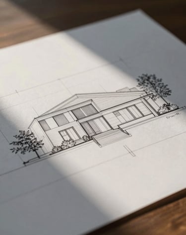 A serene, minimalist photo of architectural drafting paper with a light blueprint of a modern house, bathed in soft afternoon light.
