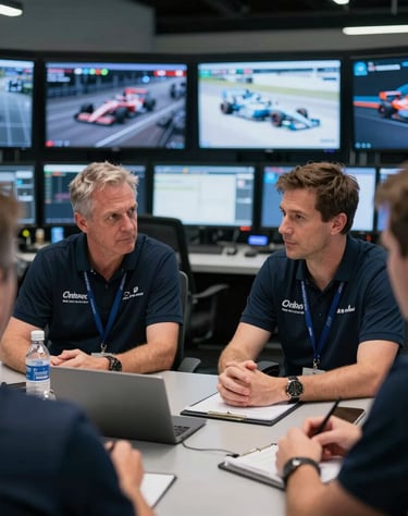 Candid photo of team principals discussing strategy in a high-tech North American / US command center, multiple screens in background, professional and corporate motorsport mood.