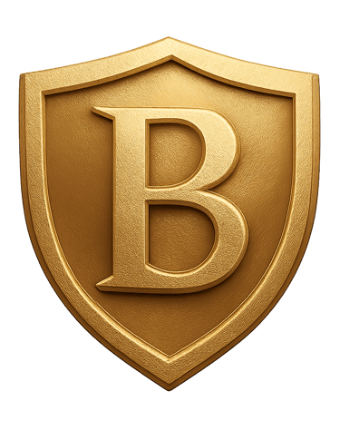 Gold 'B' shield logo icon used as a decorative element in the developer section.