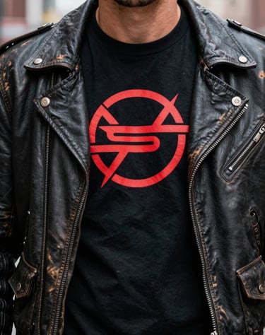 Street style photography of a black band t-shirt with a bold logo, paired with a worn leather jacket, urban North American / US setting.