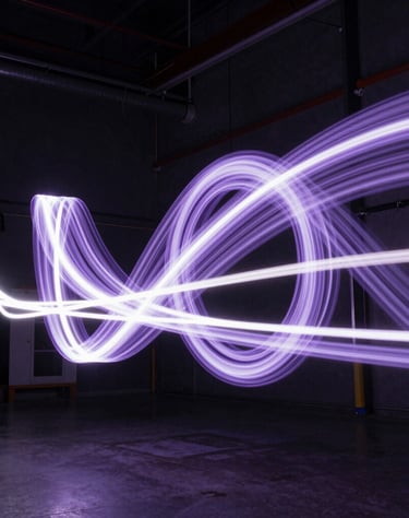 Abstract light trails in lavender and white moving through a dark technical space, sharp details, cinematic composition.