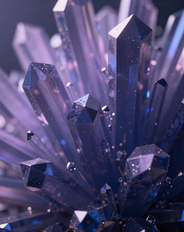 Digital rendering of abstract crystalline structures refracting light into lavender and dark blue shadows, cinematic and technical.