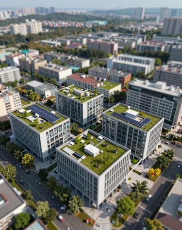 An aerial view of a sustainable mixed-use development with green rooftops and solar integration, capturing the modern and professional essence of the firm.