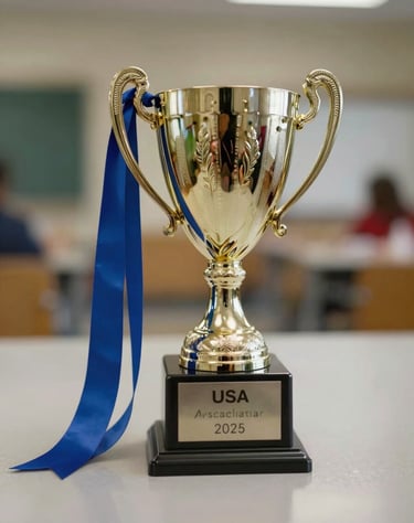 An image of a trophy and a blue ribbon sitting on a polished surface, symbolizing academic excellence in a US school setting.