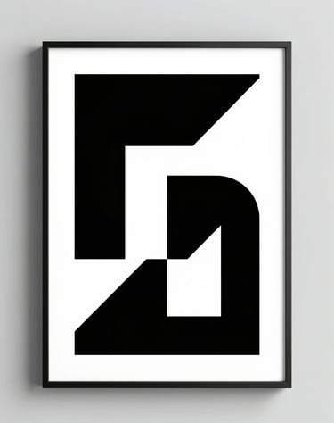 A framed graphic art poster featuring a minimalist geometric composition in black on white, hanging in a bright studio, #ECF0F1 and #0A1118.
