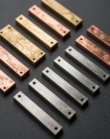 A collection of metal material samples—brass, copper, and stainless steel—laid out on a dark charcoal surface. Top-down view, clean and professional arrangement for an interior design presentation.