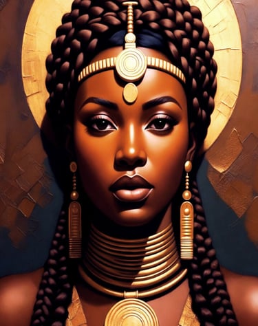 Digital art of a Black woman with braided hair wearing ornate gold jewelry and a radiant sun halo.