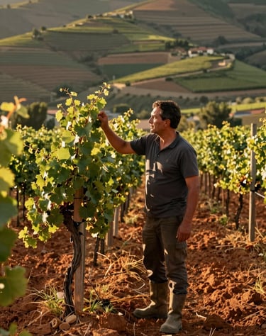 Outdoor photography of a vineyard worker in Douro valley, authentic expression, cinematic golden hour lighting, rich terracotta soil colors.