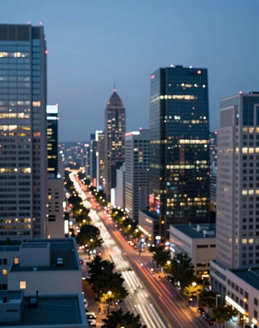 A stunning 8K stock video still of a bustling modern cityscape at twilight, capturing dynamic light trails. Cinematic, highly professional. Incorporating #1B263B, #415A77, #A0B0C0, #E0E1DD.