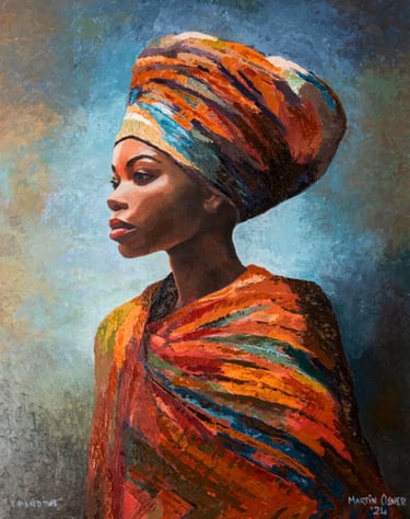 Thandiwe – vibrant African Queen portrait in orange and blue tones by Martin Osner, from Tshazile series