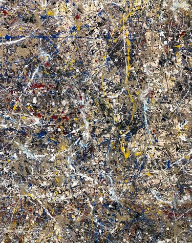 Abstract painting titled "Manic Monday" by Martin Osner, featuring an energetic composition of layered splatters and drips