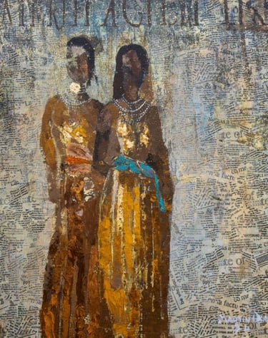 The Golden Girls – abstract impression of two African women in gold dresses by Martin Osner, painted on textured canvas