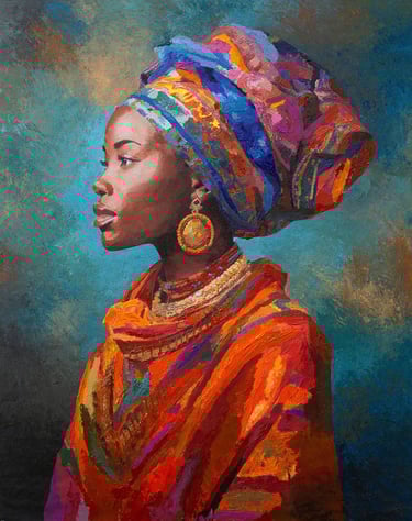 Profile portrait of an African woman in a colourful headwrap and vibrant traditional attire.