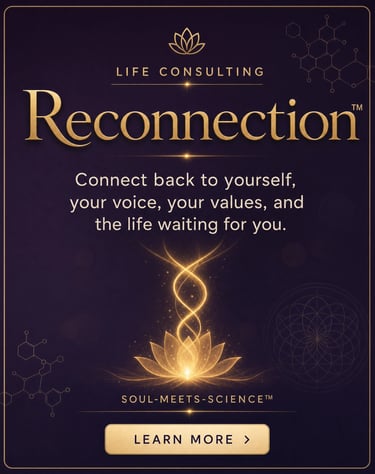 Reconnection life consulting featuring a glowing lotus flower and DNA spiral for soul meets science coaching.