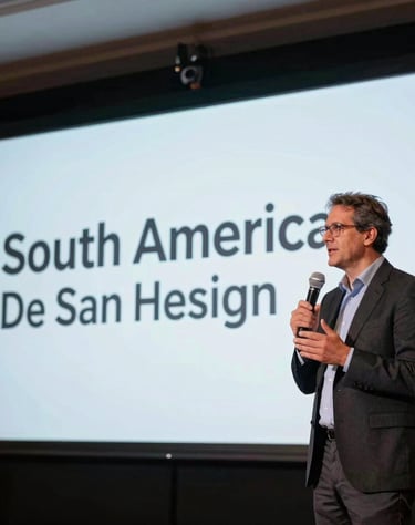 Professional photographer capturing a speaker at a corporate conference, stage lighting, dark room, sharp and clean composition, South American event.