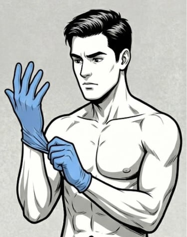 male cartoon putting on blue latex gloves
