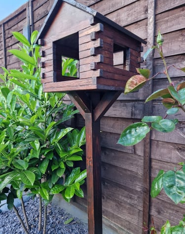Bird Feeder Freestanding With Stand Handmade in UK Reclaimed Solid Wood Garden Aviary Birdhouse Wild Seed Table Roof Hut