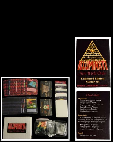 Caixa, cartas, dados e acessórios do jogo de cartas illuminati INWO 1995 que previu atentado 11/09