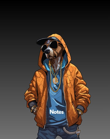 Rap dog orange jacket black background
