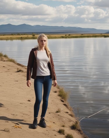 a woman walking along a beach with a dog