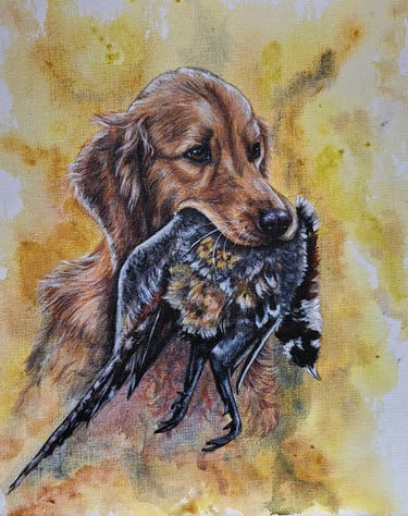 De golden retriever keert terug, trots en toegewijd, met de fazant zacht in zijn bek. In dit stille
