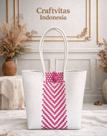 Handwoven plastic tote bag with Indonesian batik chevron pattern in white and pink, eco friendly handmade handbag