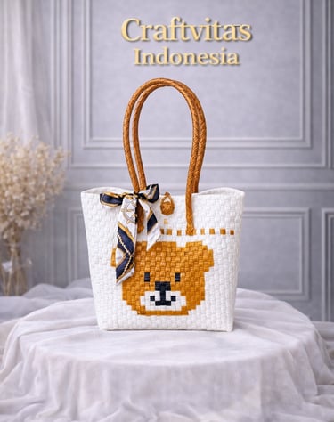 White and brown handwoven plastic tote bag with bear character, handmade eco friendly bag