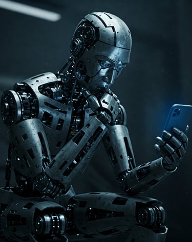 Robot humanoide sentado pensativo mirando el móvil.