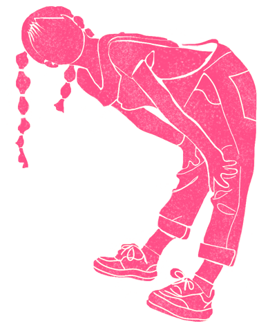 Ilustración de una Niña de 12 años agachada asomandose utilizando un peto y dos trenzas