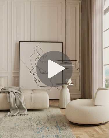 Modern living room with minimalist line art, bouclé armchair, and elegant wall paneling.