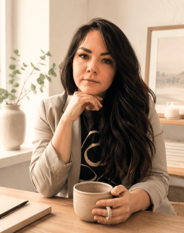 Professional woman in a blazer sitting at a desk with a coffee mug and notebook.