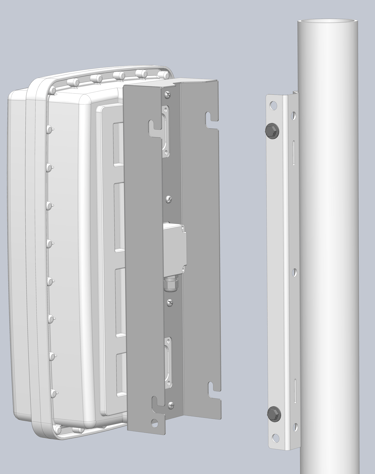 Rapidly deployable mounting bracket for Plasdev housing shown in separated view